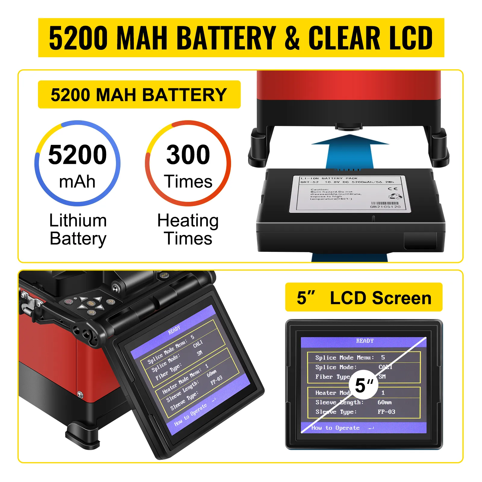 Empalmador de fusión de fibra VEVOR con batería de 5200 mAh y pantalla LCD de 5".