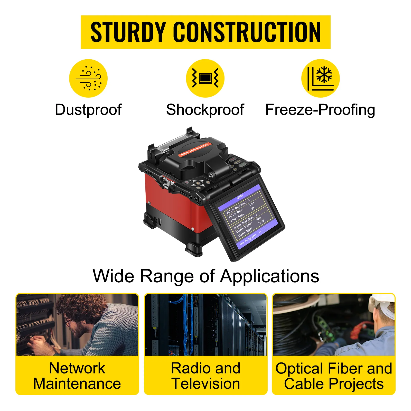 Empalmador de fusión de fibra VEVOR con características a prueba de polvo, golpes y congelamiento para diversas aplicaciones.