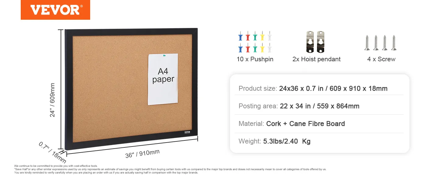 VEVOR cork board dimensions 24x36 inches, includes pushpins, screws, and hoist pendants, weighs 5.3 lbs.