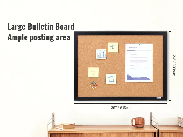 VEVOR cork board, large bulletin board with ample posting area, 36" x 24" black frame on white wall.