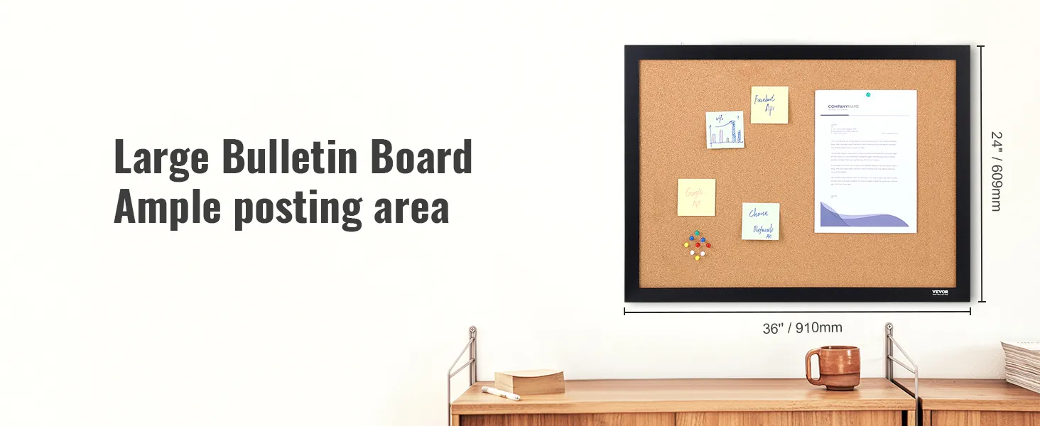 VEVOR cork board, large bulletin board with ample posting area, 36" x 24" black frame on white wall.