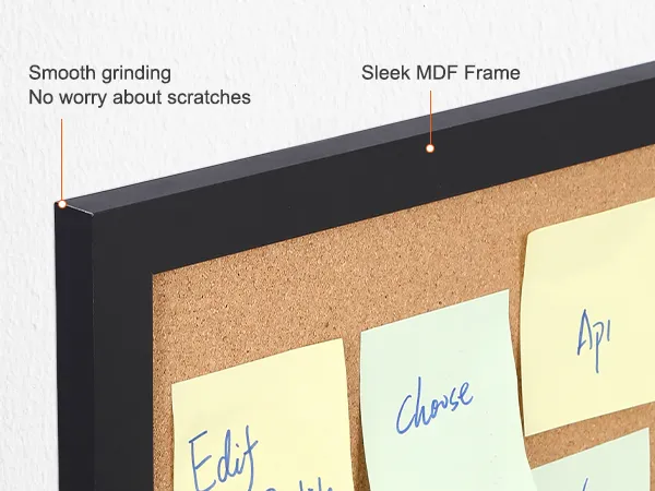 VEVOR cork board with smooth grinding edge and sleek mdf frame for scratch-free pinning.