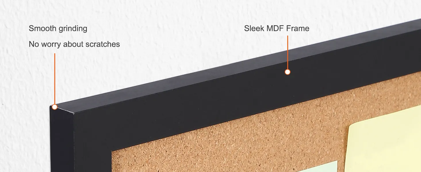 VEVOR cork board with smooth grinding edge and sleek mdf frame for scratch-free pinning.