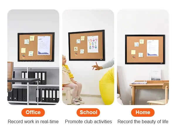 VEVOR cork board displayed in office, school, and home settings showing versatility and usage.
