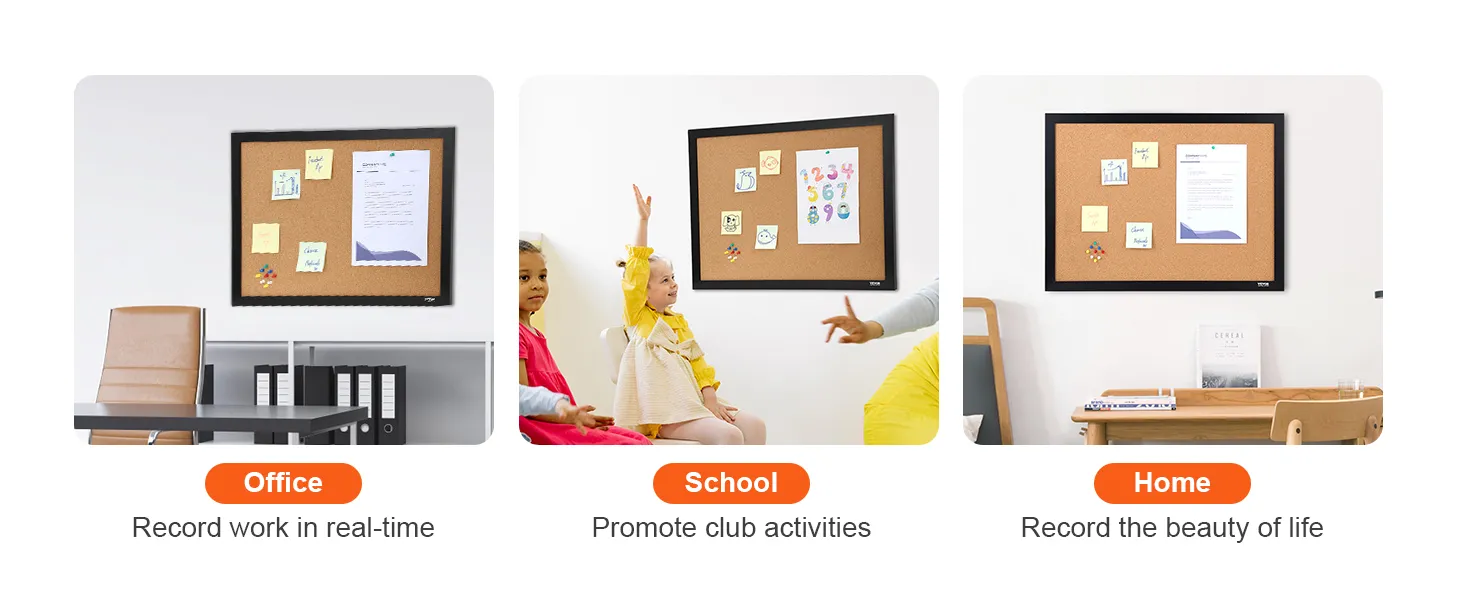 VEVOR cork board displayed in office, school, and home settings showing versatility and usage.