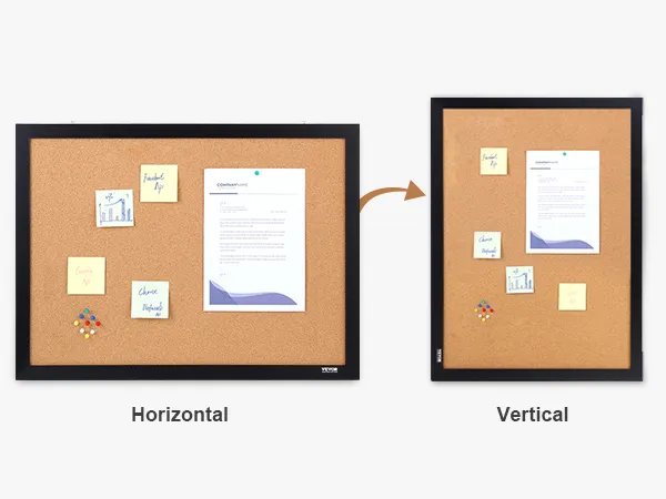 VEVOR cork board displayed in both horizontal and vertical orientations with notes and pushpins.