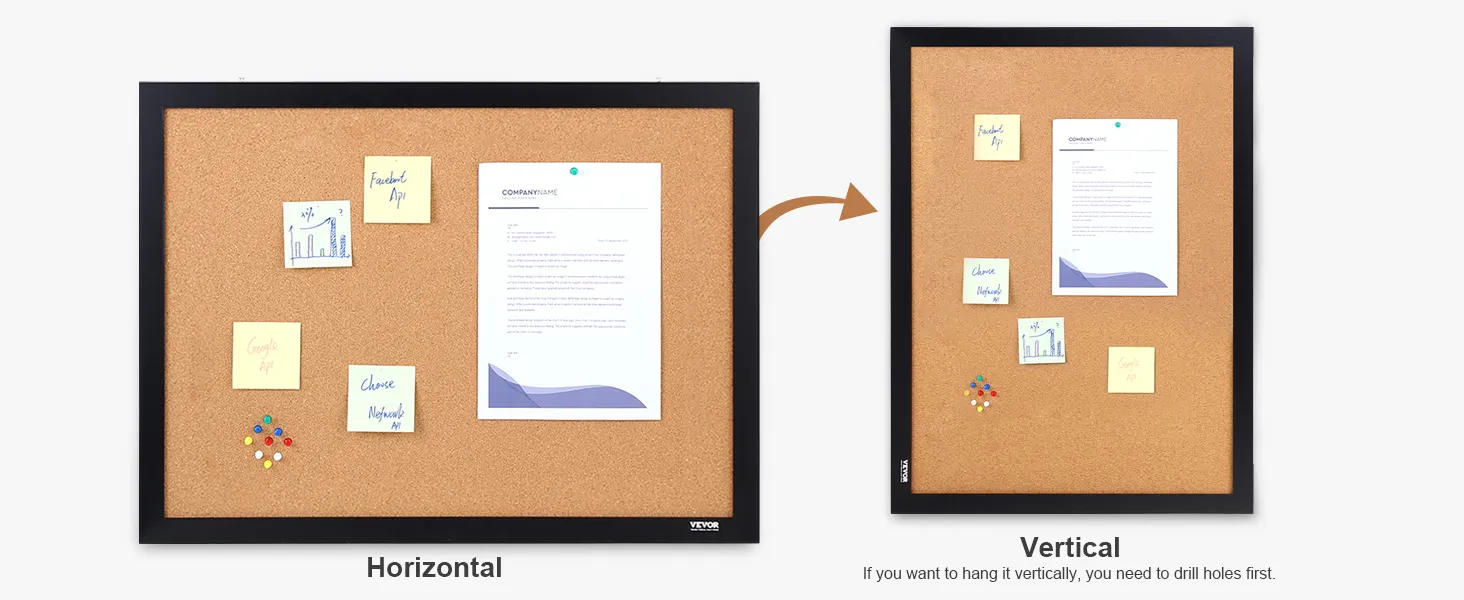VEVOR cork board displayed in both horizontal and vertical orientations with notes and pushpins.