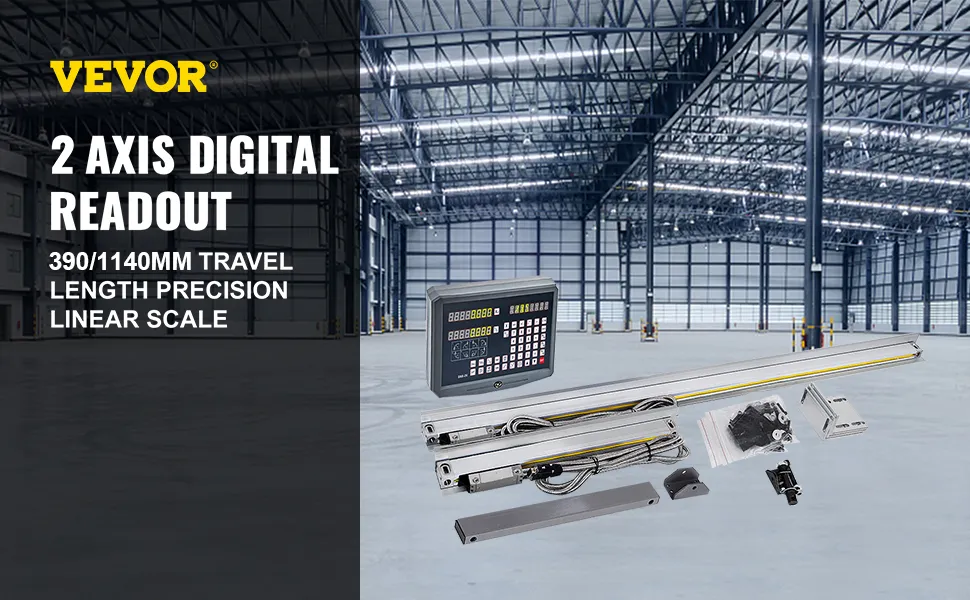 VEVOR digitale uitlezing, 2-assige lineaire schaal met 390/1140 mm slag in een lege fabriek.