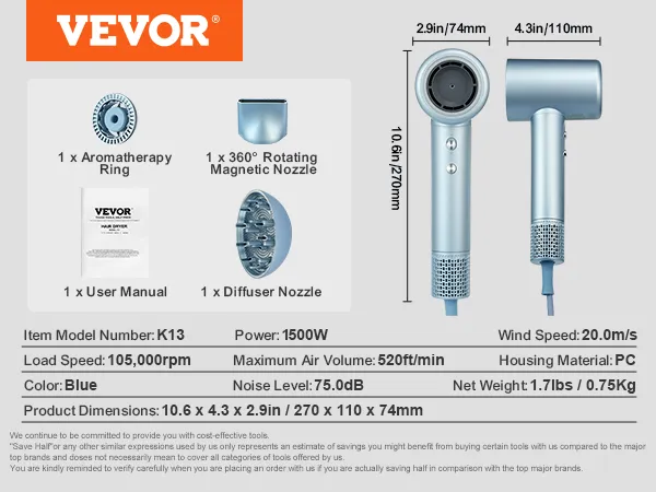 VEVOR high-speed hair dryer, 1500w, 20.0m/s, blue, with diffuser, aromatherapy ring, magnetic nozzle.
