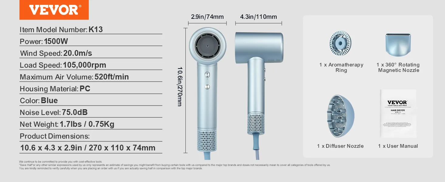 VEVOR high-speed hair dryer, 1500w, 20.0m/s, blue, with diffuser, aromatherapy ring, magnetic nozzle.