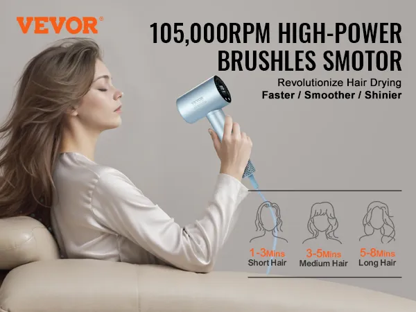 VEVOR high-speed hair dryer with 105,000rpm high-power brushless motor for faster, smoother, shinier hair.
