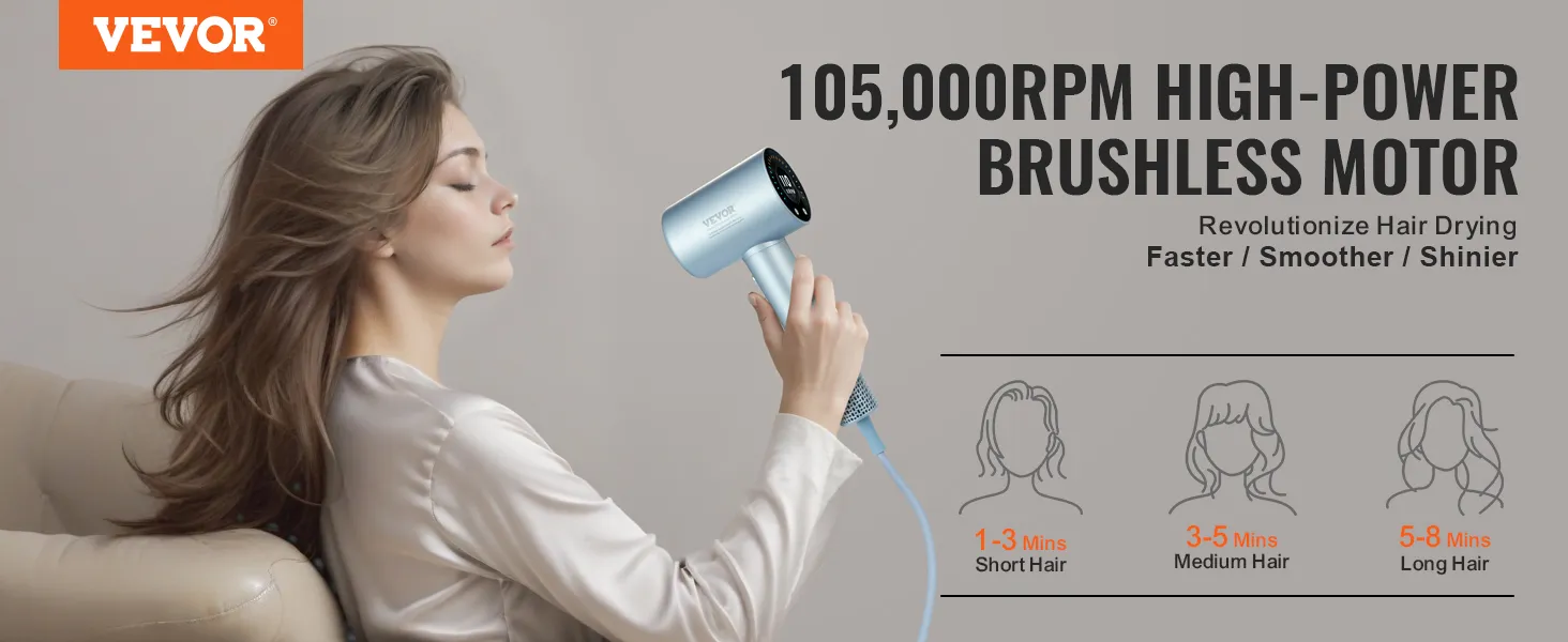 VEVOR high-speed hair dryer with 105,000rpm high-power brushless motor for faster, smoother, shinier hair.