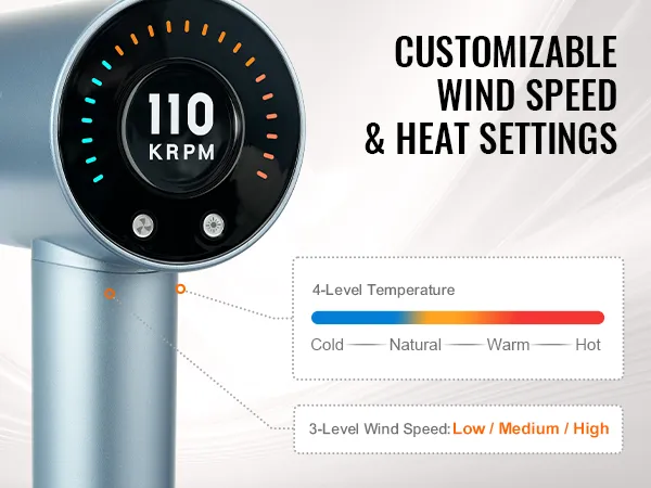 VEVOR high-speed hair dryer with customizable wind speed and heat settings, 110 krpm, 4 temperature levels.