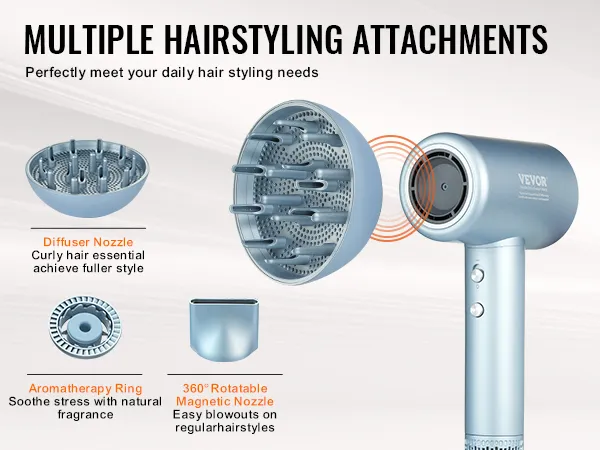 VEVOR high-speed hair dryer with diffuser, aromatherapy ring, and 360° rotatable magnetic nozzle.