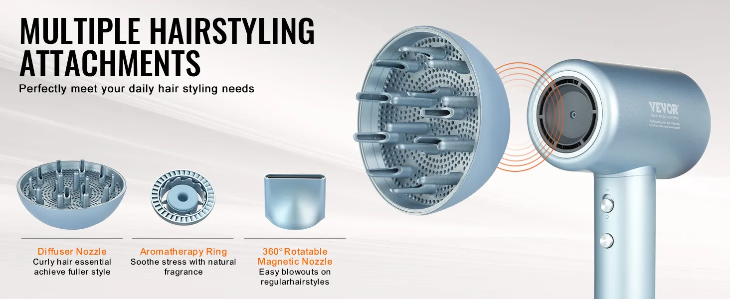 VEVOR high-speed hair dryer with diffuser, aromatherapy ring, and 360° rotatable magnetic nozzle.