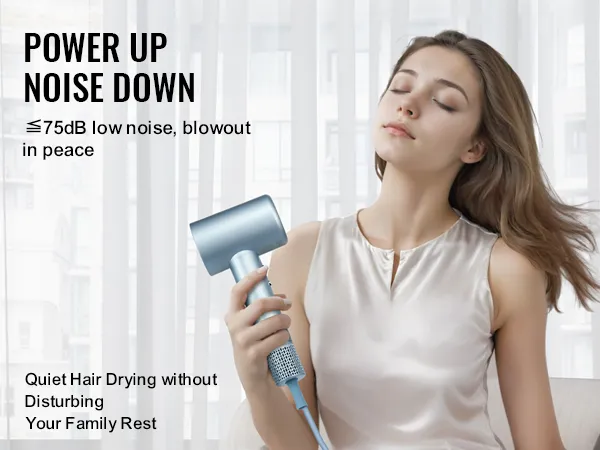 woman using VEVOR high-speed hair dryer in a modern room with text highlighting low noise benefits.