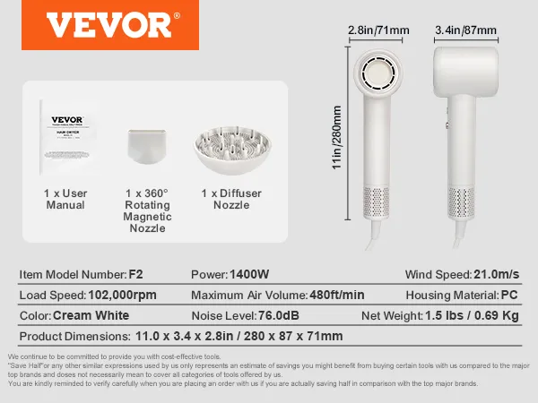 VEVOR high-speed hair dryer with 1400w power, 21.0m/s wind speed, cream white color, attachments included.