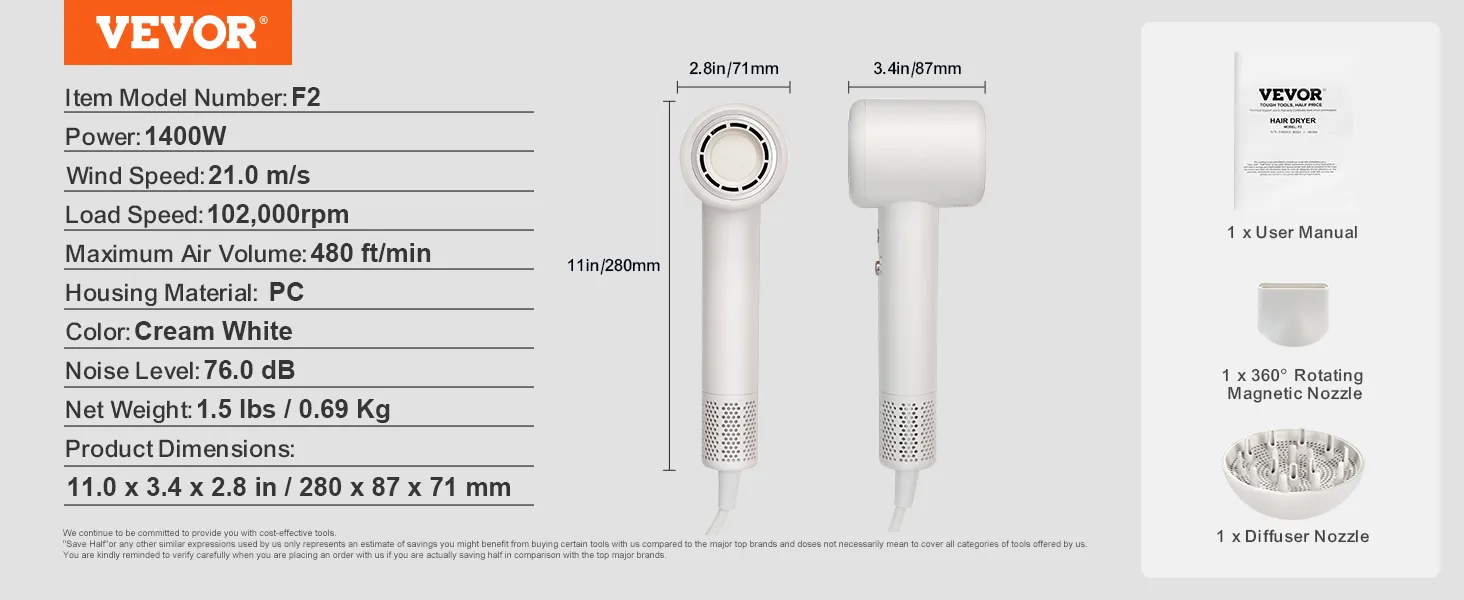 VEVOR high-speed hair dryer with 1400w power, 21.0m/s wind speed, cream white color, attachments included.