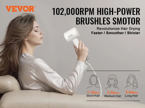 VEVOR high-speed hair dryer with 102,000 rpm motor for faster, smoother, and shinier hair drying.