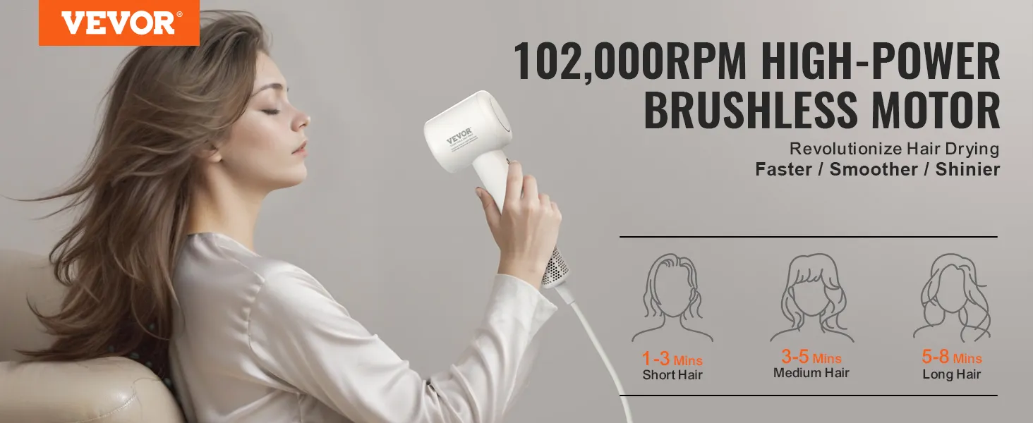 VEVOR high-speed hair dryer with 102,000 rpm motor for faster, smoother, and shinier hair drying.