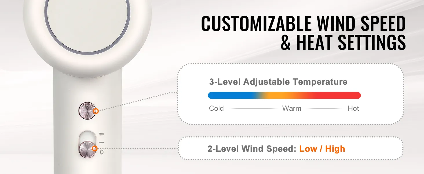 VEVOR high-speed hair dryer with 3-level adjustable temperature and 2-level wind speed settings.