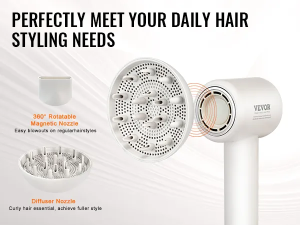 VEVOR high-speed hair dryer with 360° rotatable magnetic nozzle and diffuser nozzle for daily styling.