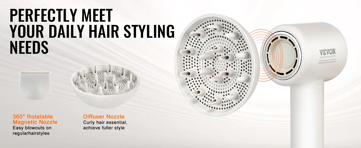 VEVOR high-speed hair dryer with 360° rotatable magnetic nozzle and diffuser nozzle for daily styling.