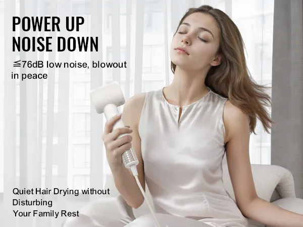 woman holding VEVOR high-speed hair dryer, promoting quiet operation with "power up noise down" text.