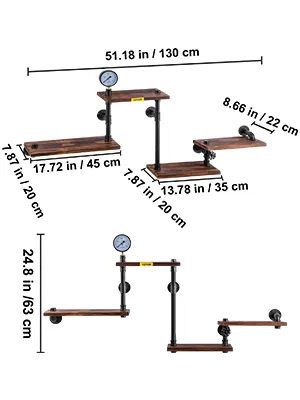 Estantería industrial de tuberías VEVOR con estantes de madera de tres niveles y dimensiones.