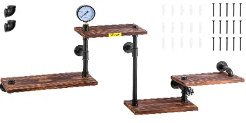 Estantería industrial de tuberías VEVOR con tres estantes de madera y herrajes de tubería negros.
