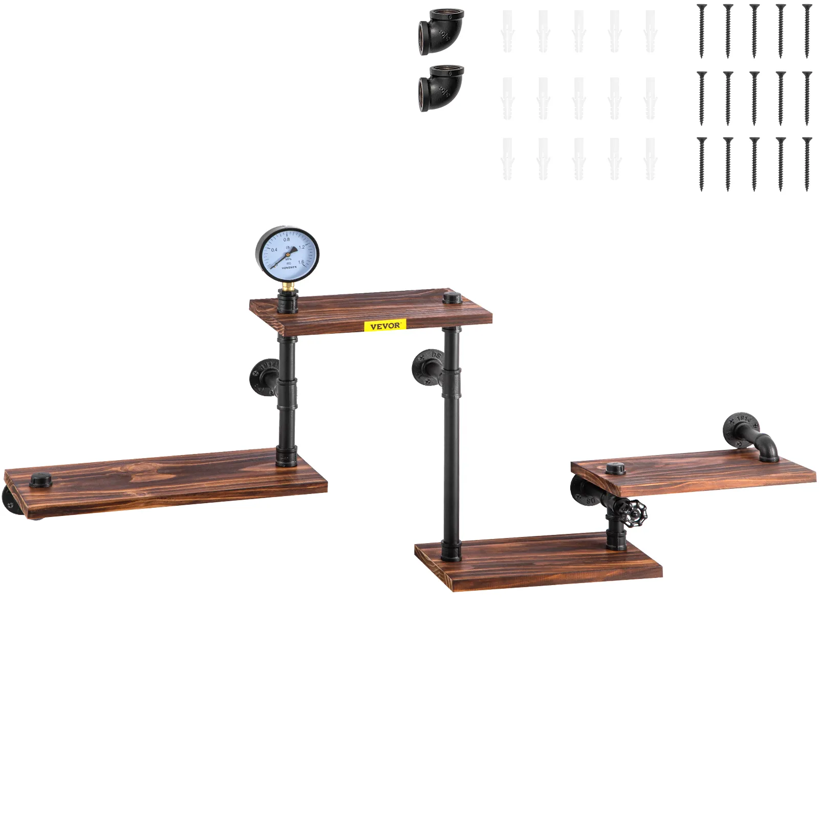 Estantería industrial para tuberías VEVOR con tablones de madera, manómetro, tornillos y accesorios.