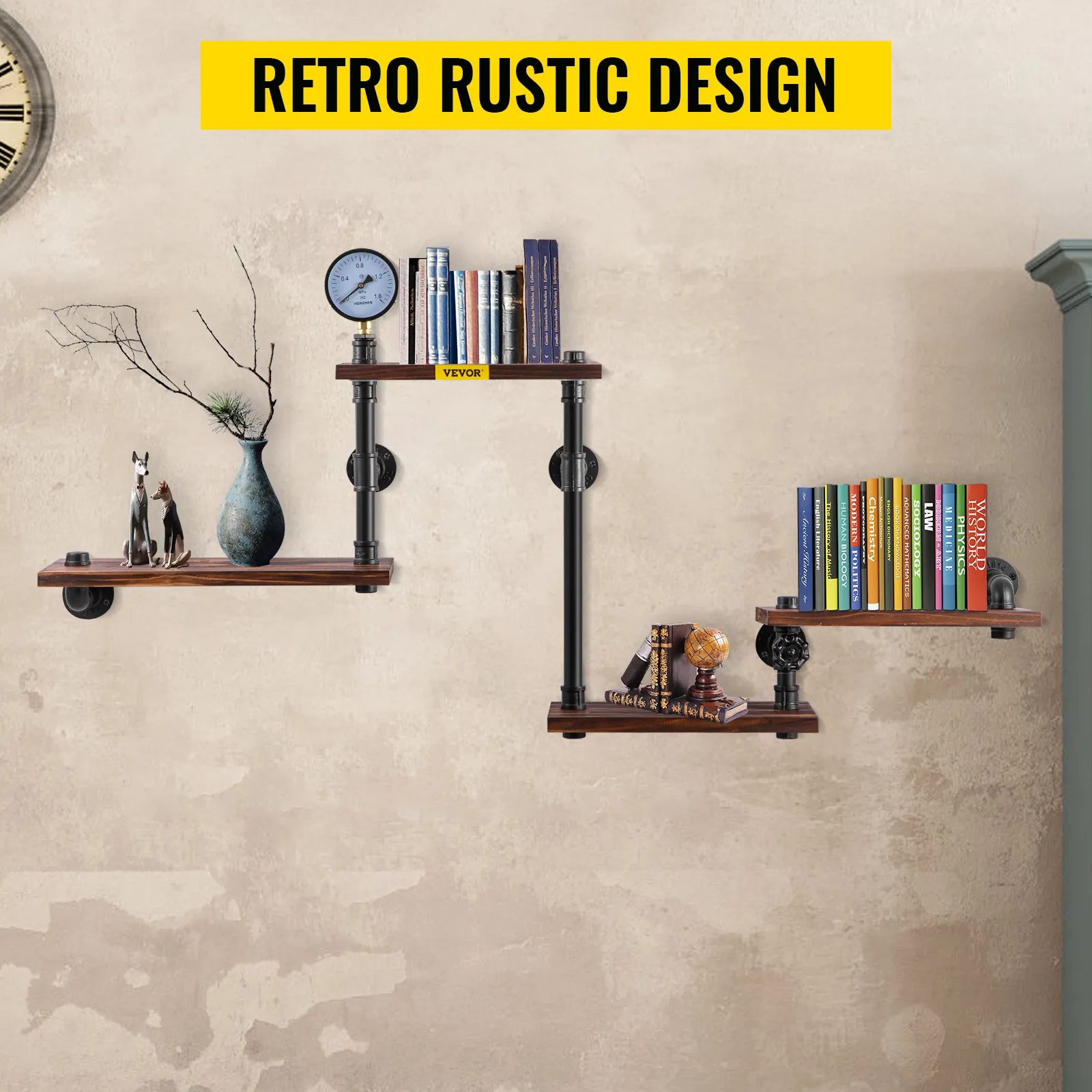 Estantería industrial VEVOR con libros, jarrón y elementos decorativos. Diseño rústico retro.