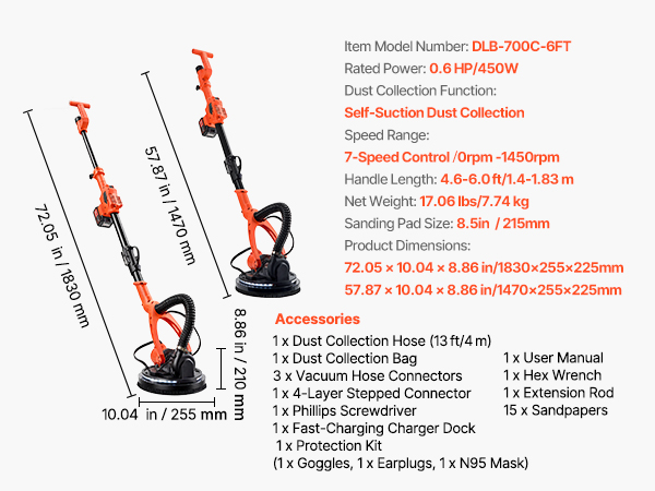 VEVOR Cordless Drywall Sander – 0.6HP, 0-1600 RPM, 7 Speed