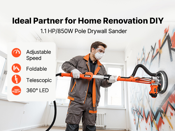 VEVOR Electric Drywall Sander – 1.1HP, 800-1700 RPM, 5 Speed