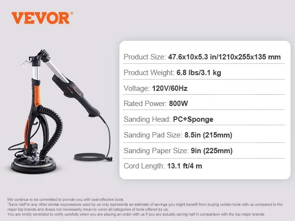 VEVOR drywall sander kit with hose, extension rod, sanding pads, and specifications.