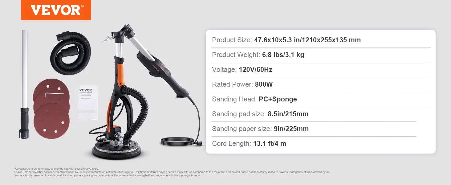 VEVOR drywall sander kit with hose, extension rod, sanding pads, and specifications.