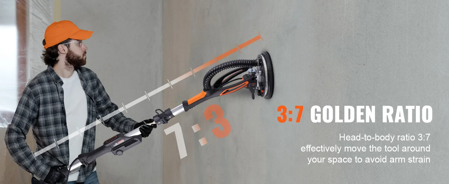 worker using VEVOR drywall sander with a 3:7 head-to-body ratio for efficient sanding on a wall.