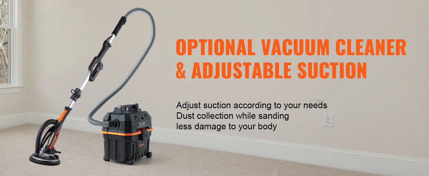 VEVOR drywall sander with optional vacuum and adjustable suction in a room corner with beige walls.