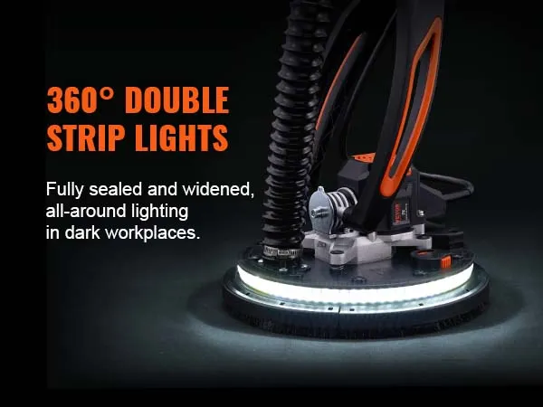 VEVOR drywall sander with 360° double strip lights for enhanced visibility in dark workspaces.