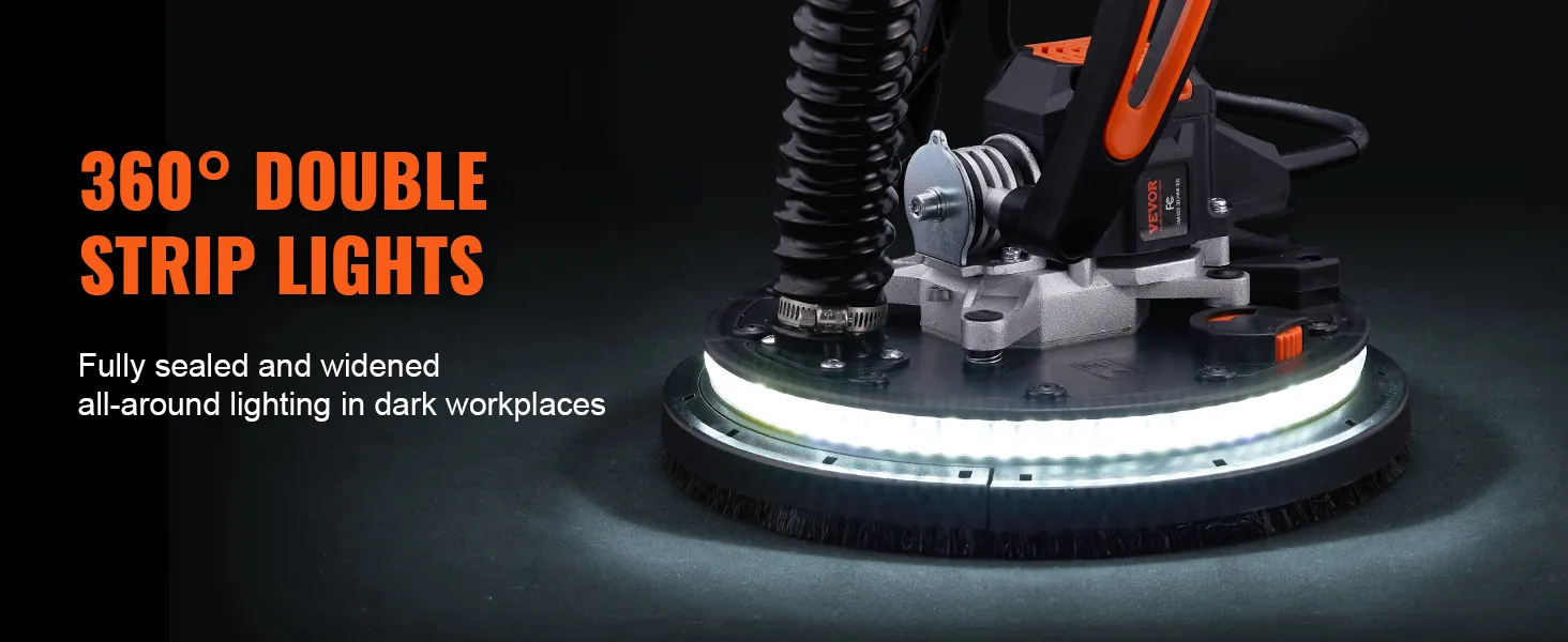 VEVOR drywall sander with 360° double strip lights for enhanced visibility in dark workspaces.