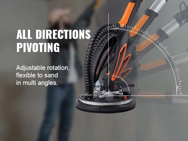 all directions pivoting VEVOR drywall sander with adjustable rotation, sanding in multiple angles.