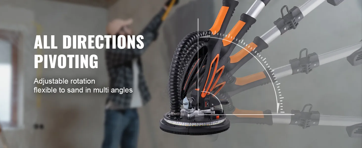 all directions pivoting VEVOR drywall sander with adjustable rotation, sanding in multiple angles.