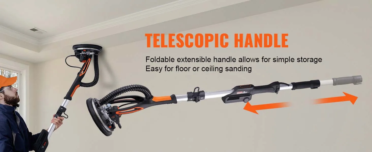 VEVOR drywall sander with telescopic handle extended for ceiling sanding, featuring foldable storage.