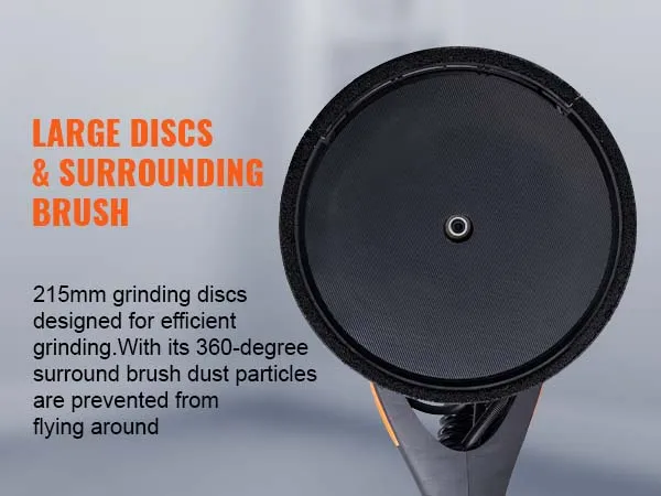 VEVOR drywall sander featuring 215mm grinding discs and a 360-degree surround brush for dust control.