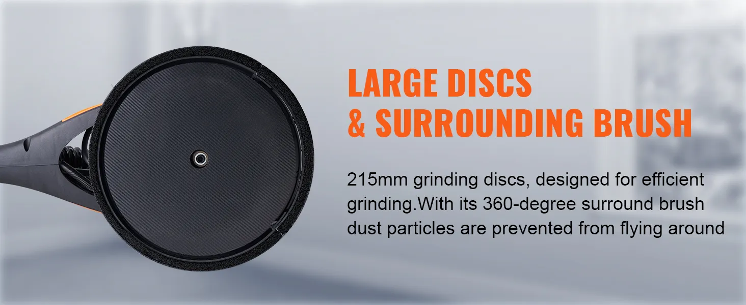 VEVOR drywall sander featuring 215mm grinding discs and a 360-degree surround brush for dust control.