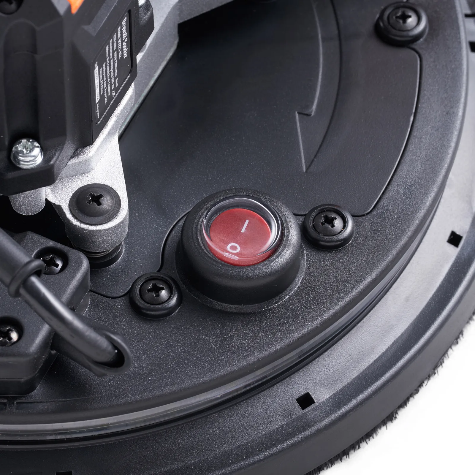 red power button on a black VEVOR drywall sander with visible screws and wiring.