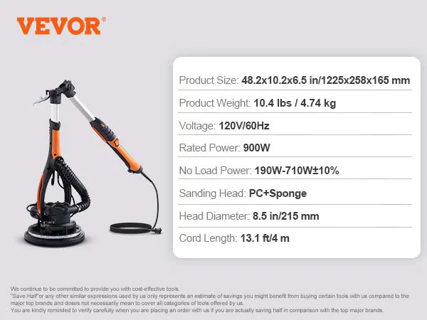 Kit lijadora de paneles de yeso VEVOR con potencia de 900 W, accesorios y especificaciones enumerados en el lateral.
