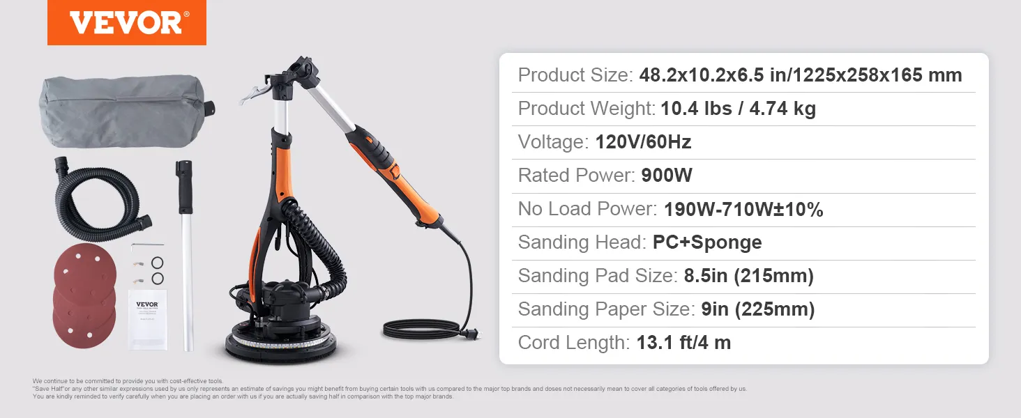 Kit lijadora de paneles de yeso VEVOR con potencia de 900 W, accesorios y especificaciones enumerados en el lateral.
