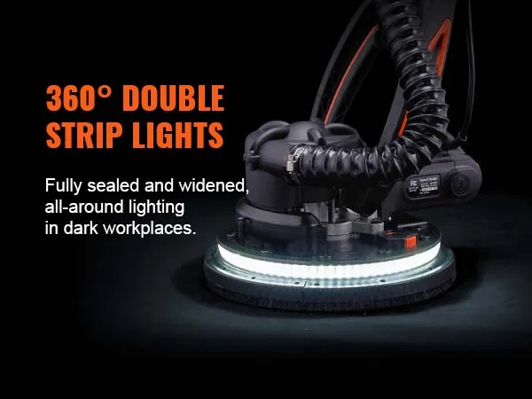 Lijadora de paneles de yeso VEVOR con luces de doble tira de 360° que proporcionan iluminación integral para espacios de trabajo oscuros.