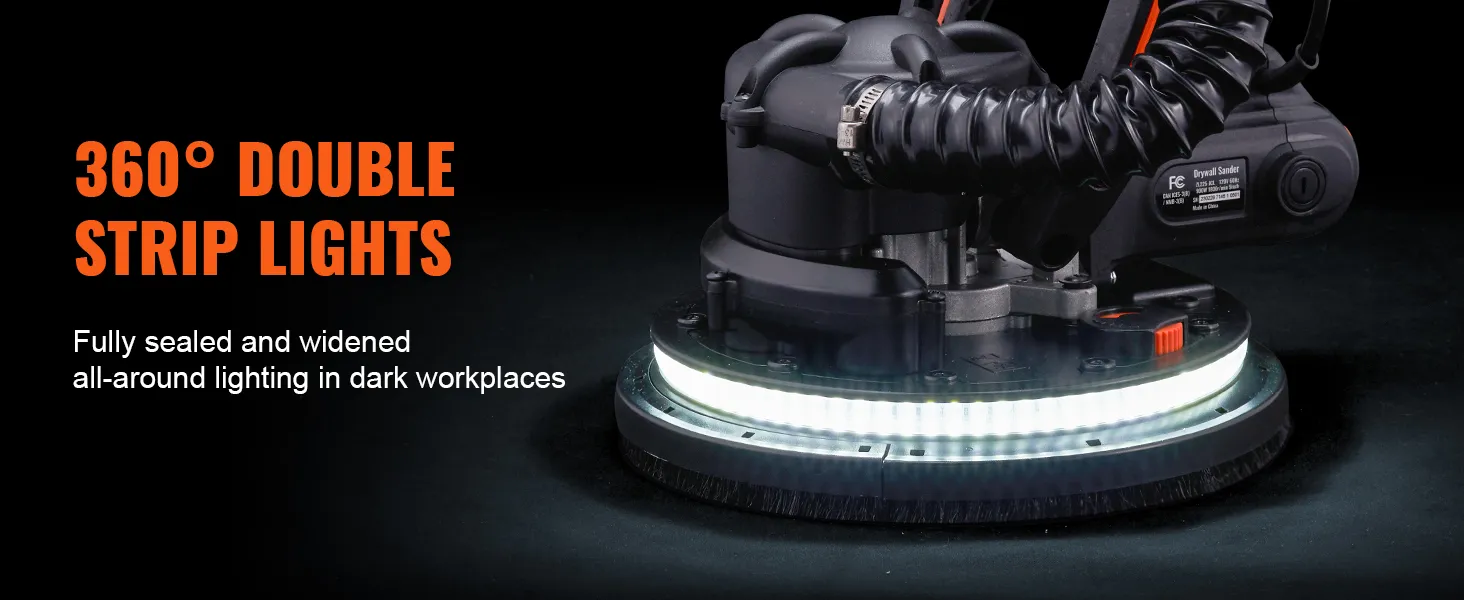 Lijadora de paneles de yeso VEVOR con luces de doble tira de 360° que proporcionan iluminación integral para espacios de trabajo oscuros.